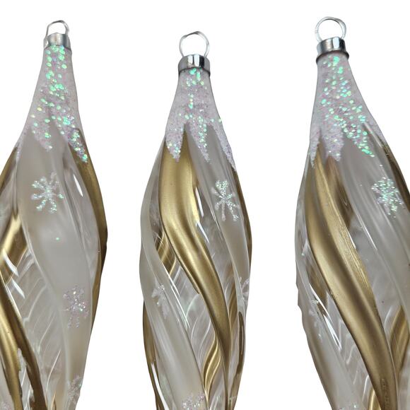 VTG Box Bradford Clear Gold White Glitter Icicle Drop GLASS Christmas Ornaments - Picture 4 of 7